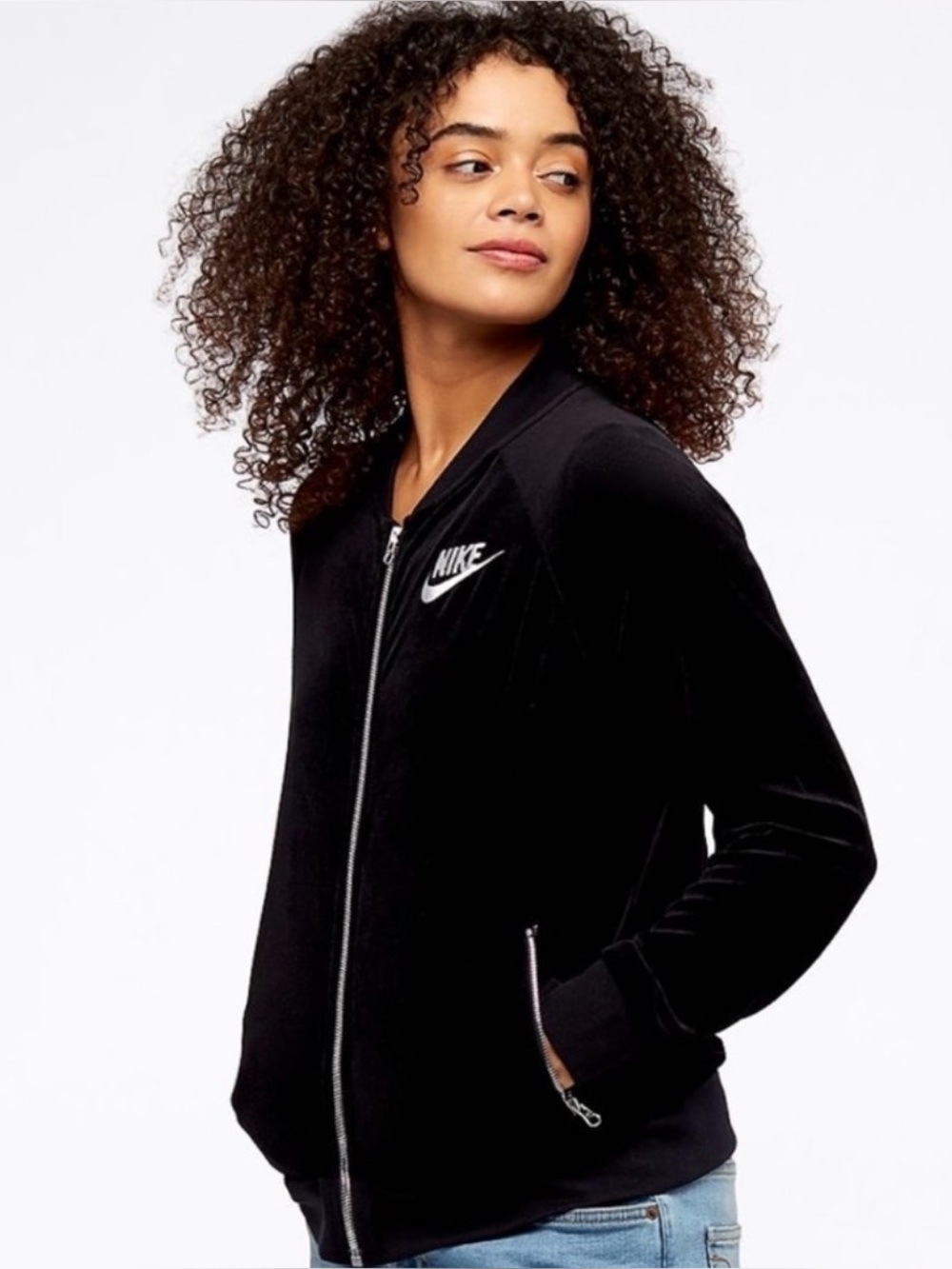 Y2k Nike Velour Track Jacket Women's Black Silver Zip Up Size Small Sweatshirt